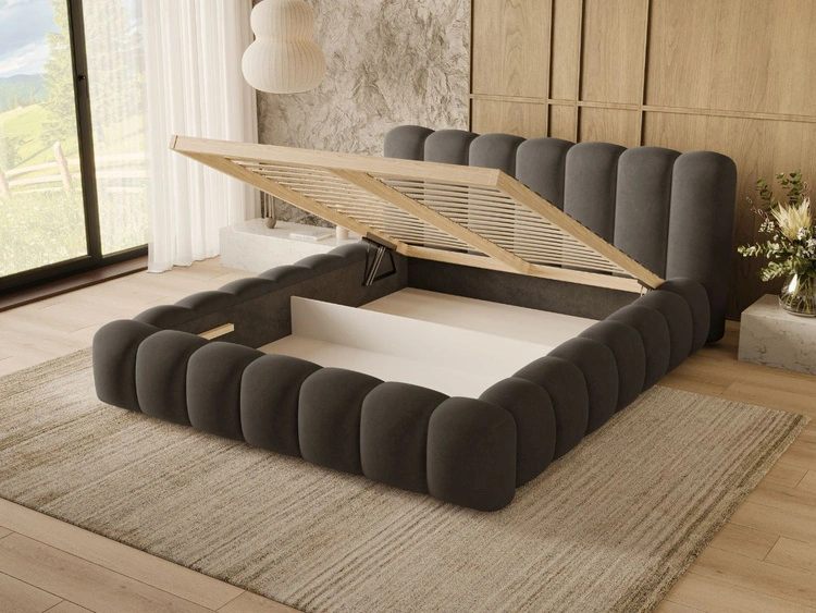 Łóżko tapicerowane z pojemnikiem i stelażem 180x200 Averia Ciemny szary