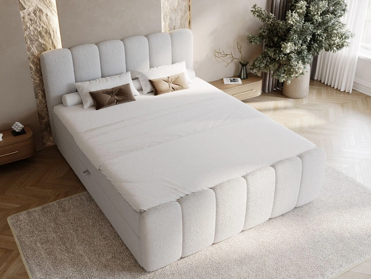 Łóżko kontynentalne z pojemnikiem na pościel 200x200 w tkaninie bouclé Cloud Szare