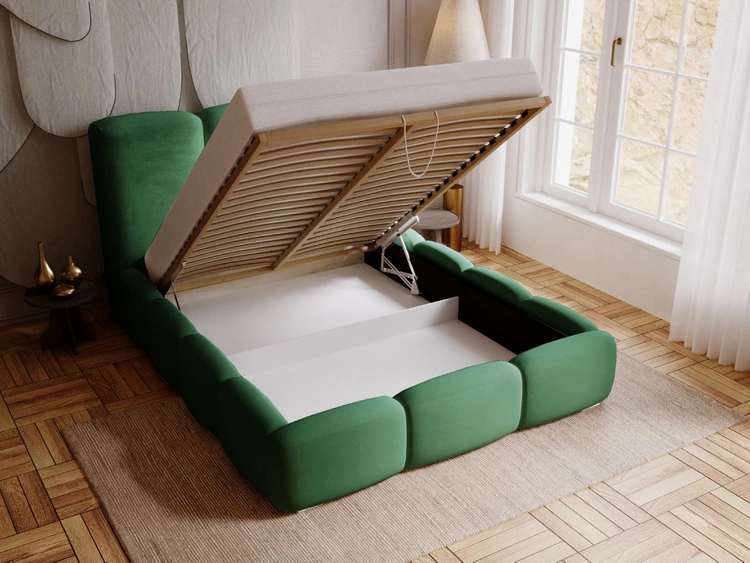 Łóżko tapicerowane z pojemnikiem i stelażem 140x200 cm Bubble Zielone