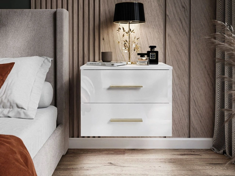 Podwieszany stolik nocny z dwoma szufladami Nuveo Biały połysk