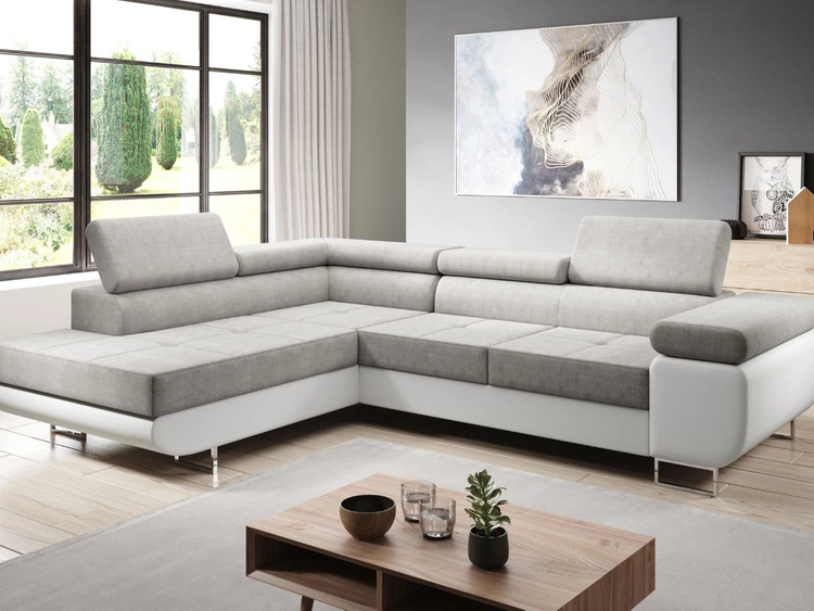 Narożnik lewy z funkcją spania i pojemnikiem Solam L Jasnoszary, Biały