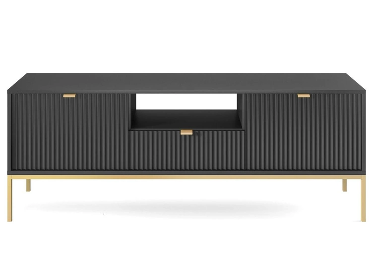 Szafka pod telewizor z szufladami i drzwiczkami Amber czarna na złotych nogach