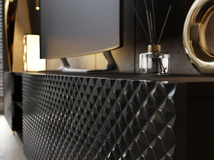 Szafka RTV z frezowanymi frontami 3D i metalowymi czarnymi nóżkami Celiane czarny połysk