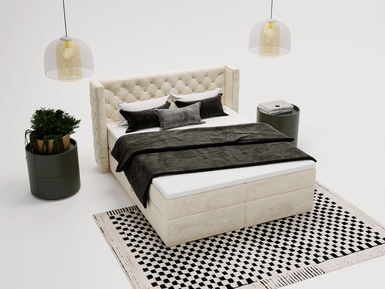 Łóżko kontynentalne z pojemnikiem na pościel 120x200 cm Lion Kremowe