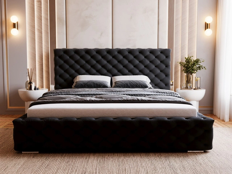 Łóżko tapicerowane z pojemnikiem i stelażem 200x200 Astra Czarny