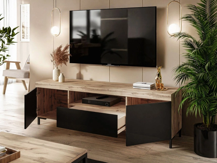 Zestaw mebli do salonu - szafka RTV i komoda na czarnych nóżkach Asumi Czarny i dąb wotan
