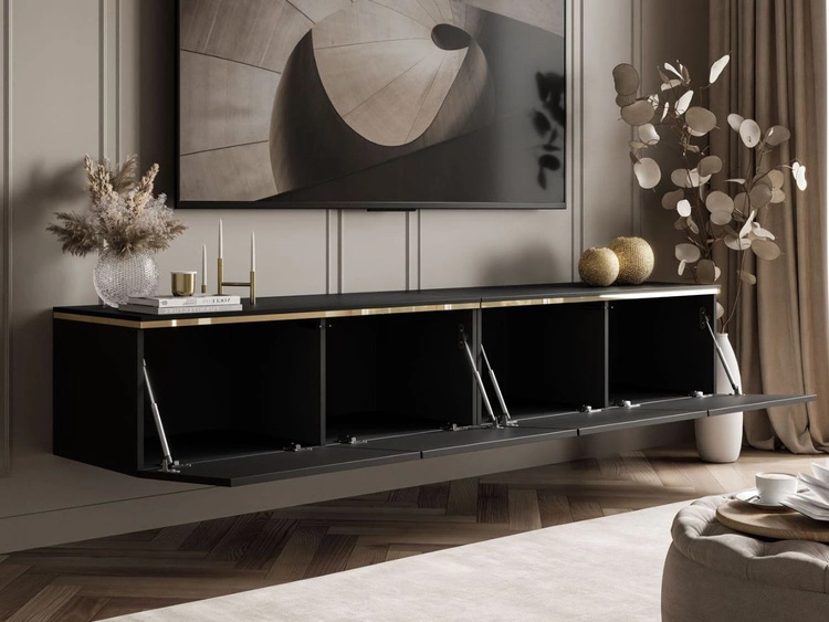 Szafka RTV wisząca w stylu glamour z oświetleniem LED Celle czarny mat