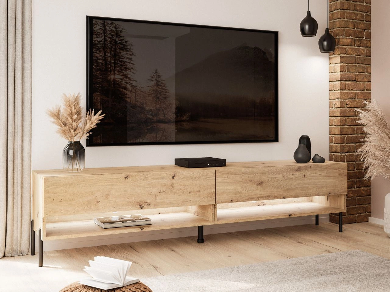 Szafka RTV 180 cm z oświetleniem LED i czarnymi metalowymi nóżkami Aurelie Dąb Artisan