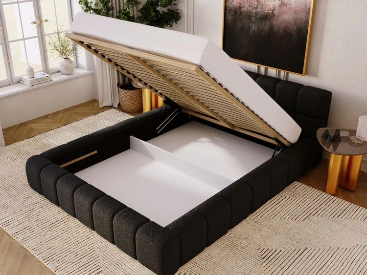 Łóżko tapicerowane z pojemnikiem i stelażem 140x200 Alicante Czarne