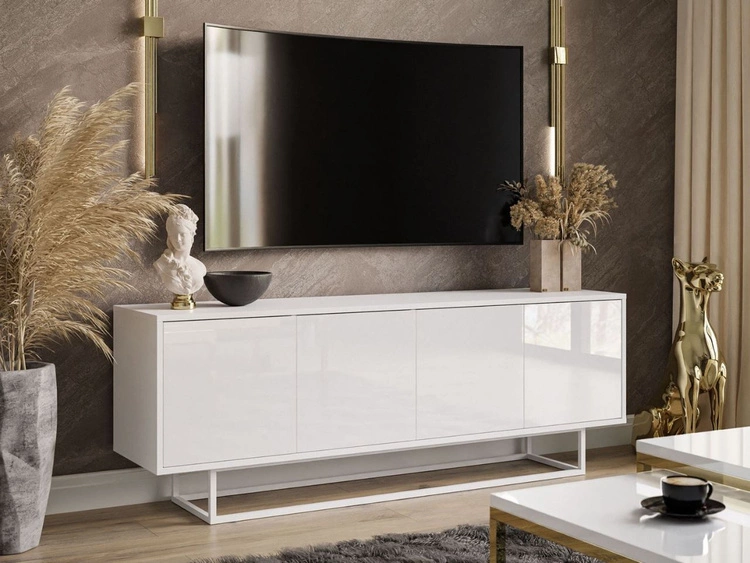 Szafka RTV pod telewizor z drzwiczkami na białym stelażu Vivance Biały połysk