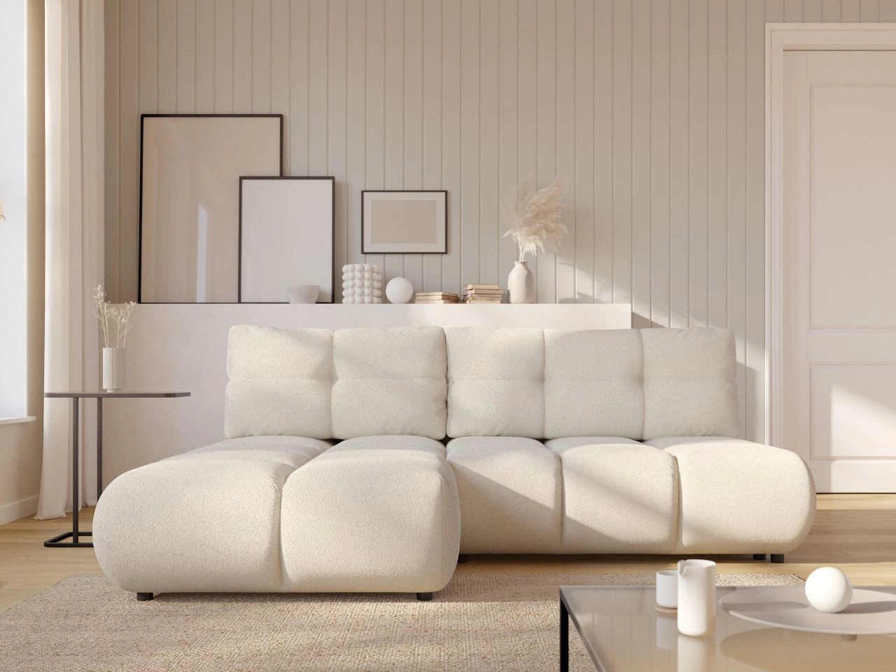 Narożnik z funkcją spania i pojemnikiem Lewy Milet Kremowy