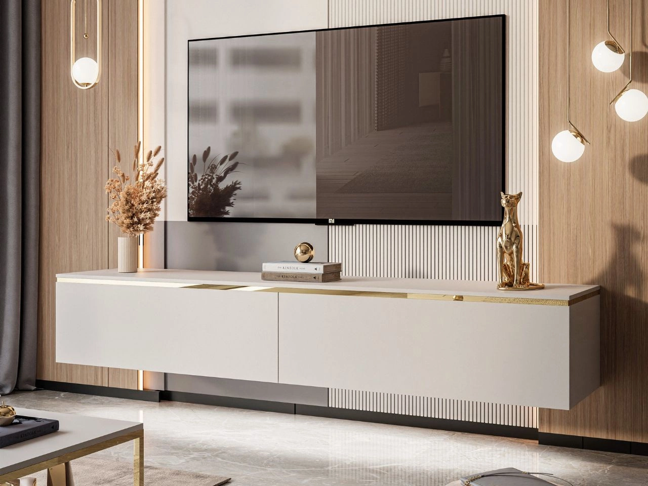 Szafka RTV wisząca 180 cm glamour z oświetleniem LED do salonu Evare Kaszmir