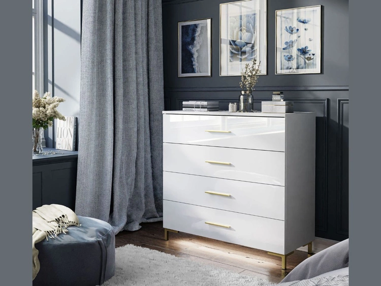 Komoda z czterema szufladami i oświetleniem LED na złotych nóżkach Nuveo Biały połysk