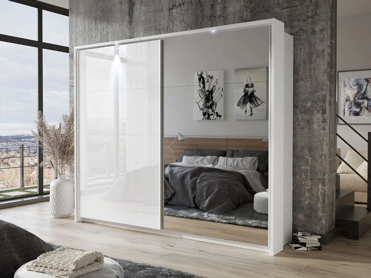 Szafa dwudrzwiowa z drzwiami przesuwnymi, nadstawką i lustrem 254 cm Nuveo Biały połysk