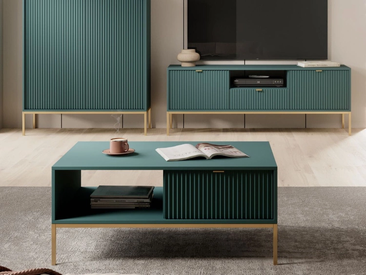Stolik kawowy z szufladą Amber zielony na złotych nogach