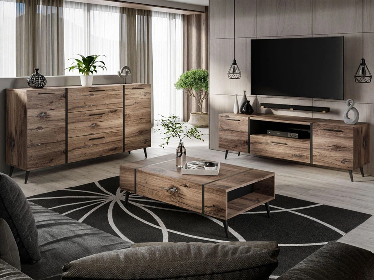 Zestaw mebli do salonu w stylu loftowym na nóżkach Lunelie Dąb Flagstaff