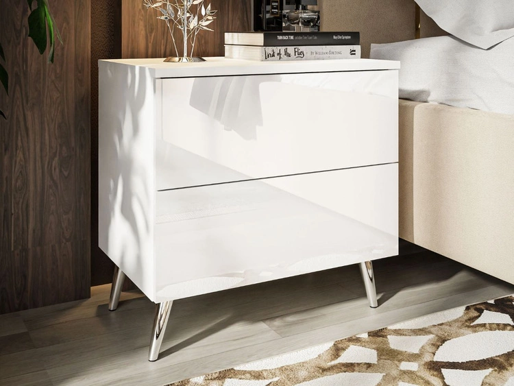 Stolik nocny z szufladami na srebrnych nogach Nuveo Biały połysk