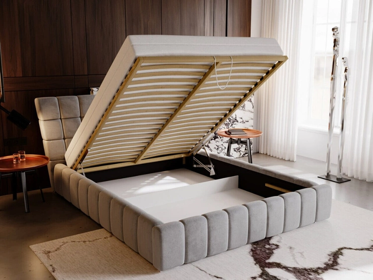 Łóżko tapicerowane z pojemnikiem i stelażem 120x200 cm Paris Beżowe