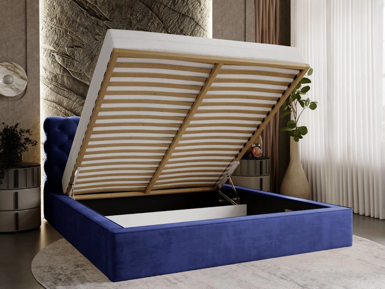 Łóżko tapicerowane z pojemnikiem i stelażem 180x200 Apollo Niebieskie