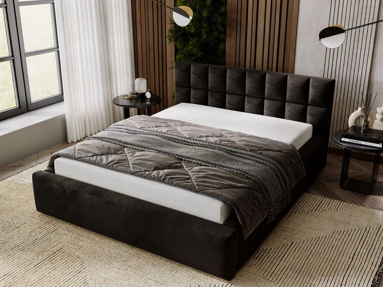 Łóżko tapicerowane z pojemnikiem i stelażem 140x200 Hugo Czarne