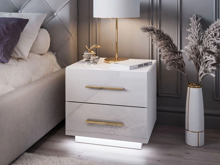 Stolik nocny z dwoma szufladami Nuveo Lux Biały Połysk