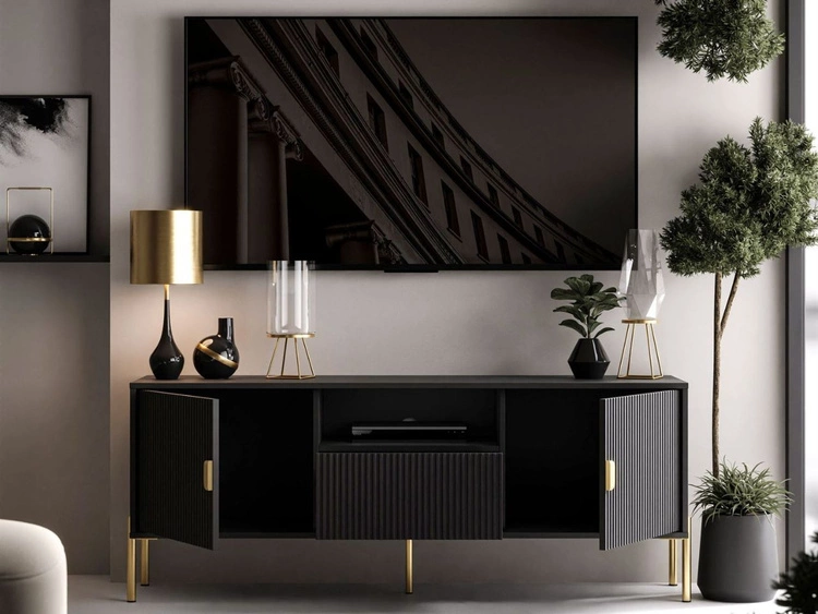 Szafka RTV dwudrzwiowa na złotych nogach z szufladą Orlean czarny mat