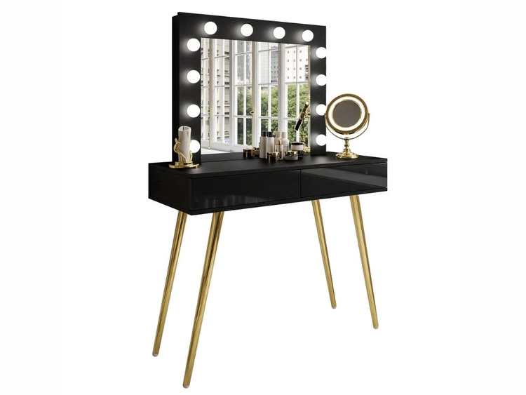 Toaletka kosmetyczna z szufladami, lustrem i oświetleniem LED Olivine czarny połysk