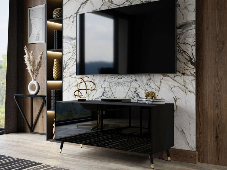 Szafka RTV pod telewizor z drzwiczkami na czarno-złotych nóżkach 100 cm Noaé Czarny połysk