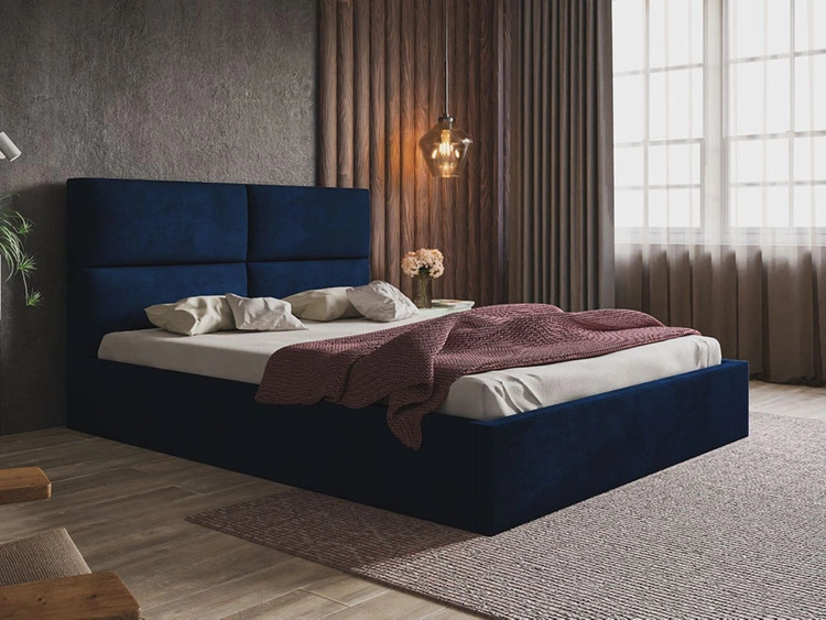 Łóżko tapicerowane z pojemnikiem i stelażem 140x200 Marad granatowe