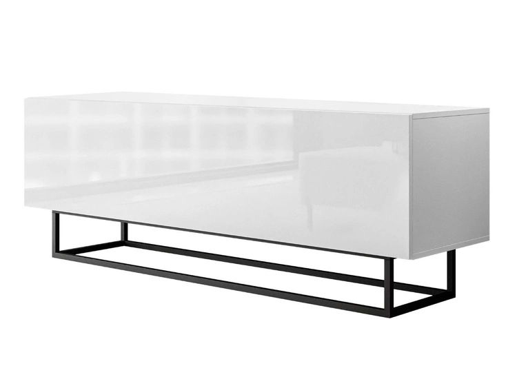 Szafka RTV pod telewizor z drzwiczkami na czarnym stelażu 150 cm Nodoo Biały połysk