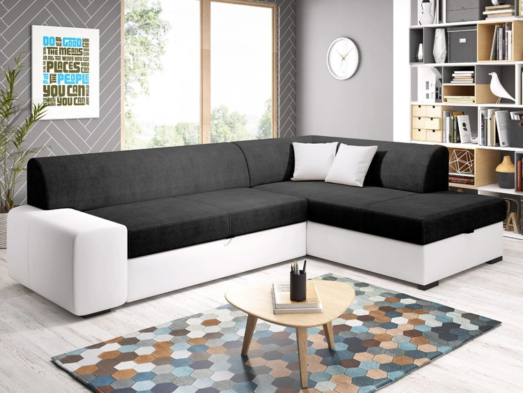 Narożnik L Prawy z funkcją spania i pojemnikiem Fresto Czarny, Biały