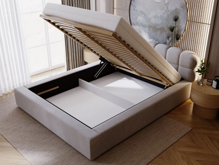 Łóżko tapicerowane z pojemnikiem i stelażem 140x200 Plaza Szare