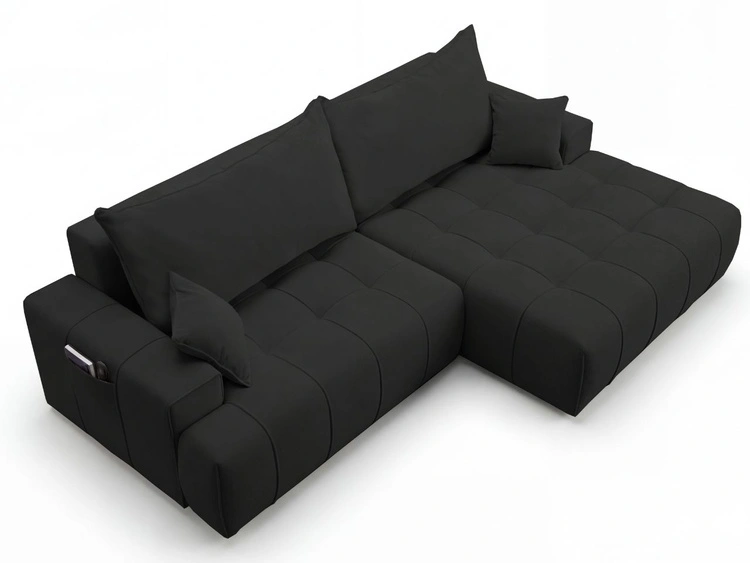 Narożnik L z funkcją spania i pojemnikiem Tulio prawy czarny