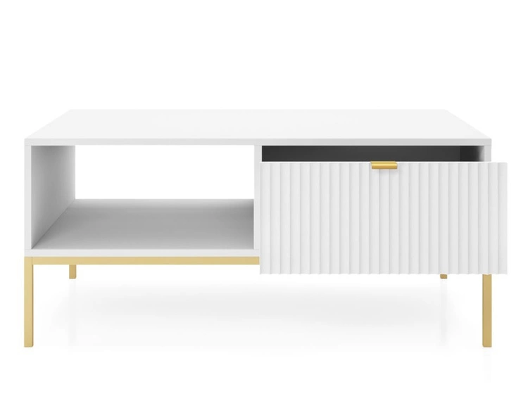 Stolik kawowy z szufladą Amber biały na złotych nogach