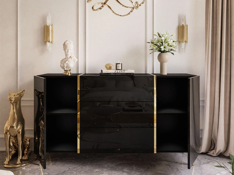 Dwudrzwiowa komoda 158 cm na złotych nóżkach z trzema szufladami Lunelie czarny połysk