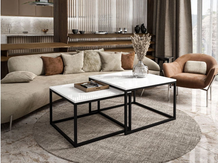 Stolik kawowy na czarnym stelażu Asumi Biały Połysk 40x42