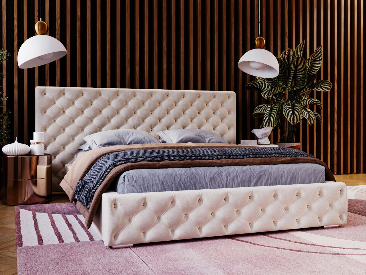 Łóżko tapicerowane z pojemnikiem i stelażem 160x200 cm Madera Beżowe