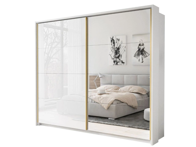 Szafa dwudrzwiowa z drzwiami przesuwnymi, nadstawką i lustrem 254 cm Noaé Biały połysk