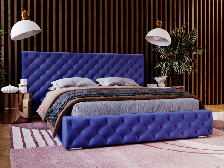 Łóżko tapicerowane z pojemnikiem i stelażem 140x200 cm Madera Niebieskie