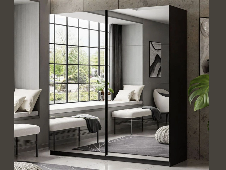 Szafa dwudrzwiowa z drzwiami przesuwnymi i lustrami 194 cm Nuveo Czarny połysk