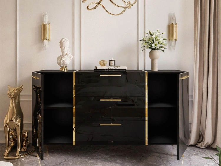Zestaw mebli do salonu w stylu glamour na nóżkach Lunelie Czarny połysk