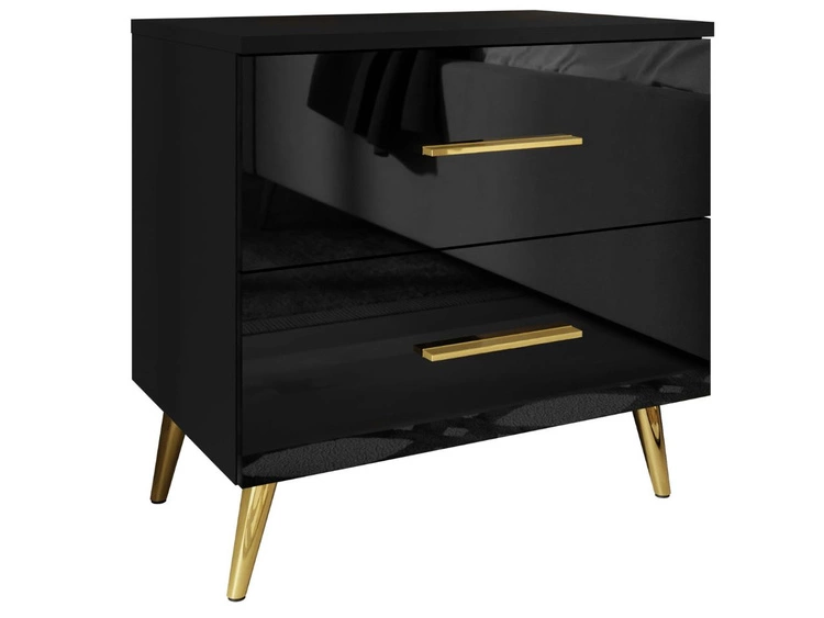 Stolik nocny z szufladami na złotych nogach Nuveo Czarny połysk