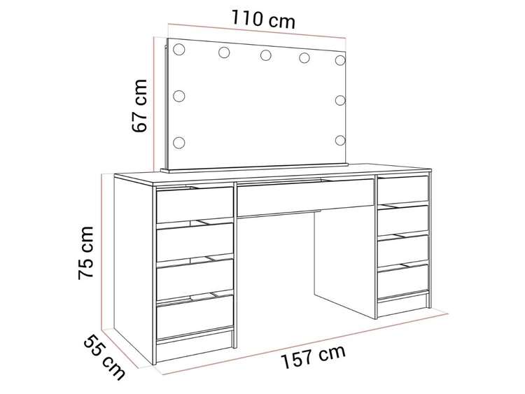 Toaletka szeroka z lustrem, szufladami i oświetleniem LED Melo Elite kaszmir połysk