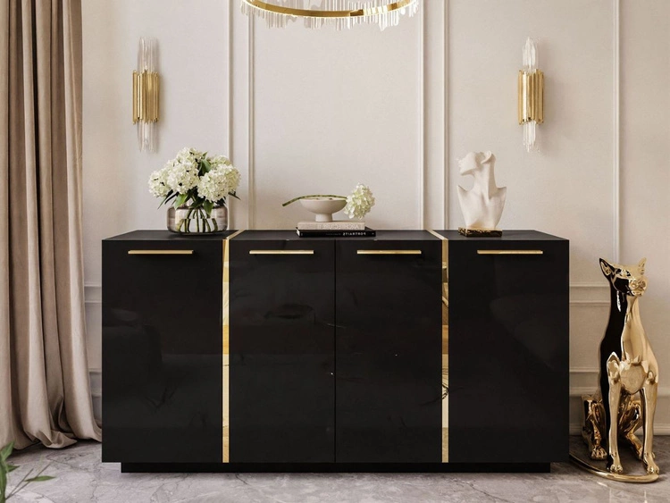 Czterodrzwiowa komoda 158 cm w stylu glamour ze złotymi uchwytami Lunelie czarny połysk
