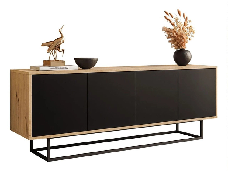 Szafka RTV pod telewizor z drzwiczkami i czarnym stelażem Vivance Czarny i dąb artisan