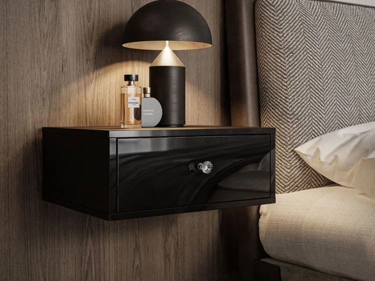 Stolik nocny wiszący z szufladą i kryształowym uchwytem Brisa czarny połysk