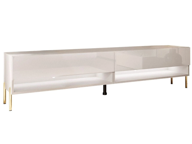 Szafka RTV do salonu 180 cm ze złotymi metalowymi nóżkami i oświetleniem LED Aurelie Kaszmir połysk