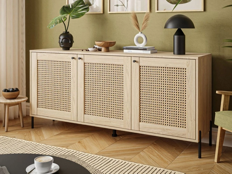 Komoda trzydrzwiowa z nadrukiem plecionki w stylu boho Bellance dąb puccini