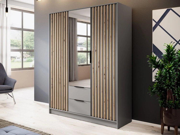 Szafa trzydrzwiowa z drzwiami uchylnymi 155 cm Macron Szara z lustrem i lamelami