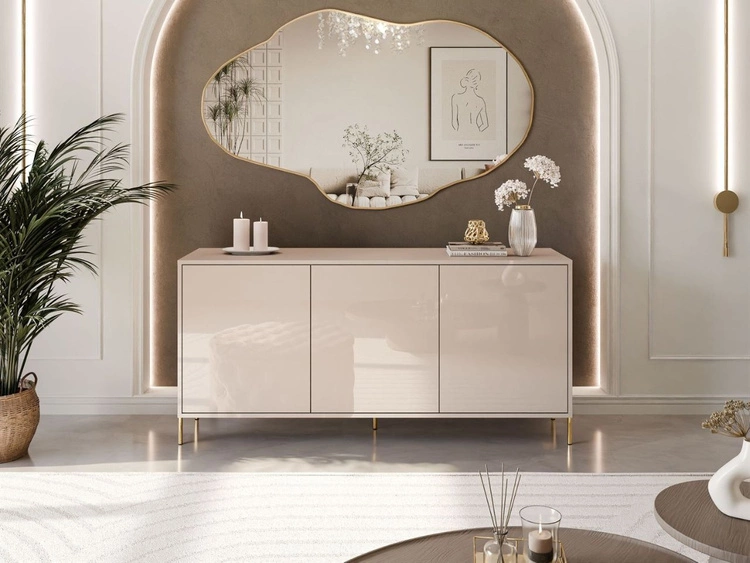 Trzydrzwiowa komoda 154 cm na złotych nogach Vivance kaszmir połysk